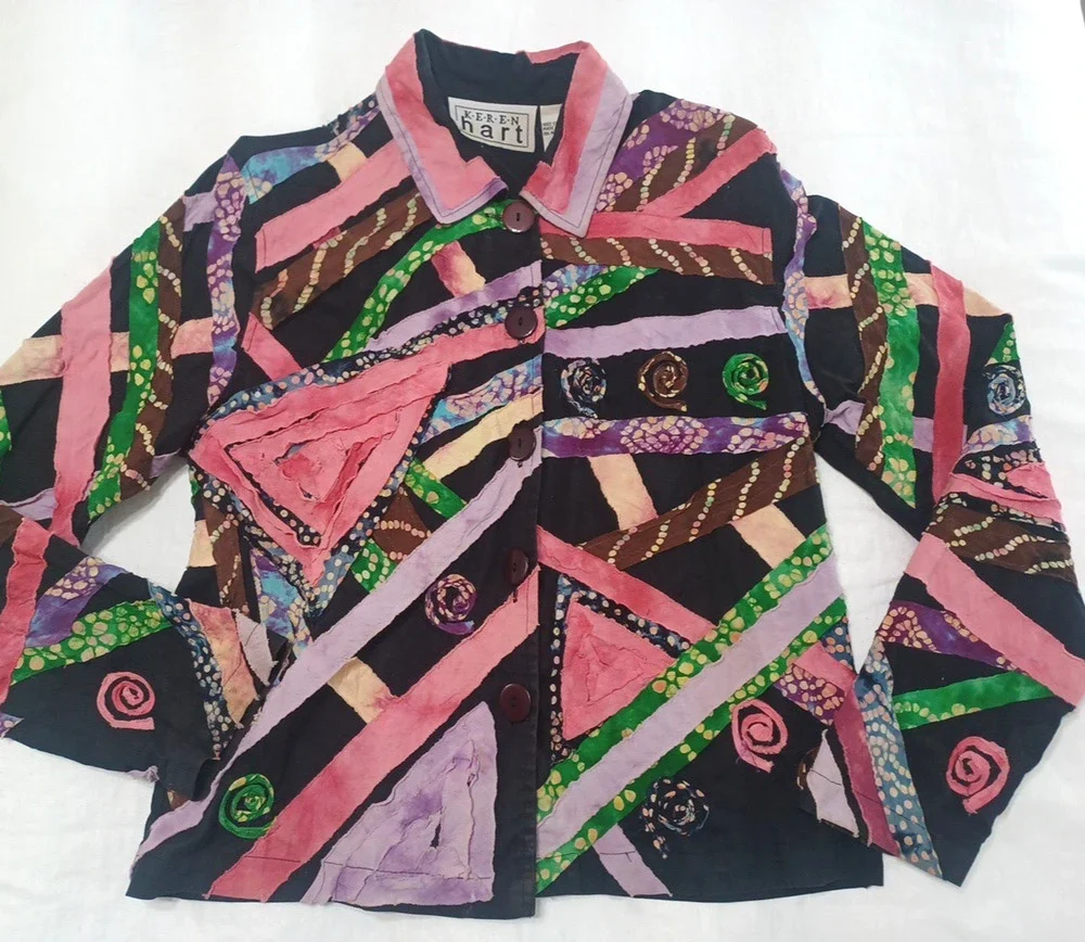 Keren Hart VTG Women's Rag Patch Button Jacket Blazer Sz S Boho Hippie *READ